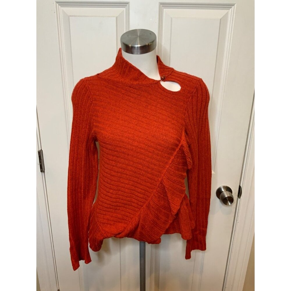 Knitted & Knotted Anthropologie Red Rib Knit Ruffle Sweater, Size XS